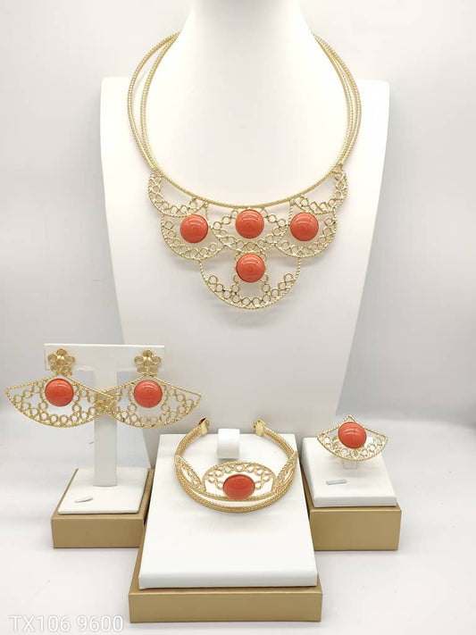 Bridal jewelry set 18K gold-plated necklace, earrings, bracelet, and ring set of four