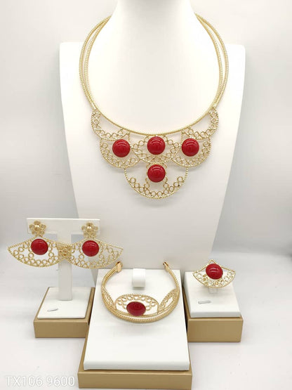 Bridal jewelry set 18K gold-plated necklace, earrings, bracelet, and ring set of four